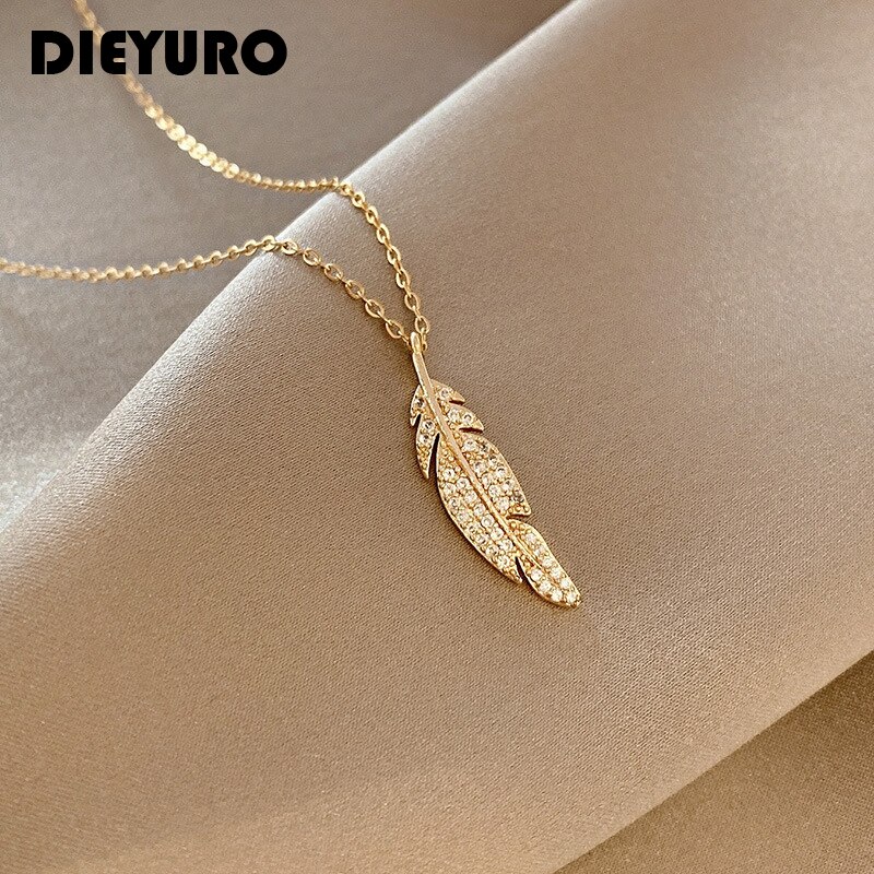DIEYURO moda ze stali nierdzewnej prosty liść wisiorek z cyrkonią naszyjnik kobiecy tendencja osobowość błyszczący łańcuszek robić obojczyka nisza Wykonany ręcznie