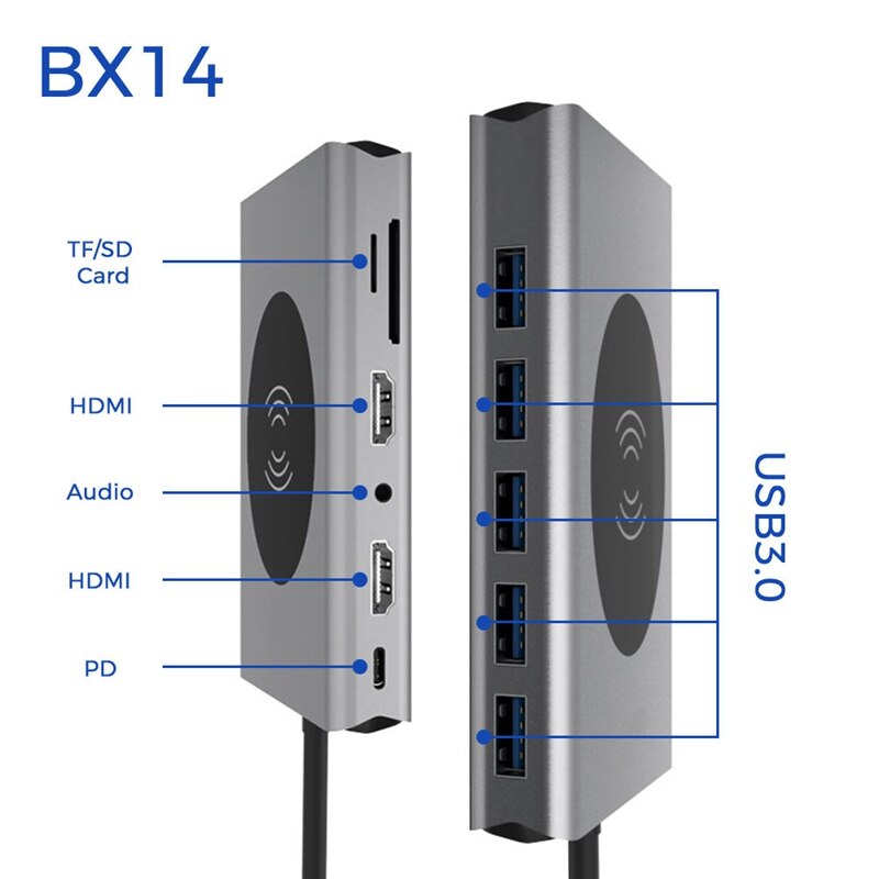 14-In-1 Usb C Hub Laptop Docking Station Type C Hub Draadloze Oplader Voor Laptop Power Levering met 1000M Rj45 Ethernet