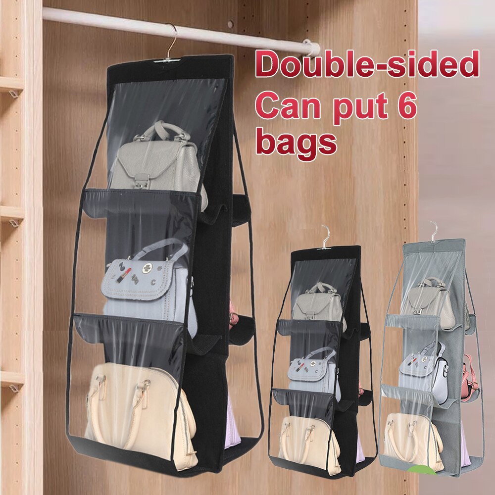 6 Pocket Foldable Hanging Bag 3 Layers Folding Shelf Bag Purse Handbag Organizer Handbag Storage Hanging Door Pocket Closet Hang