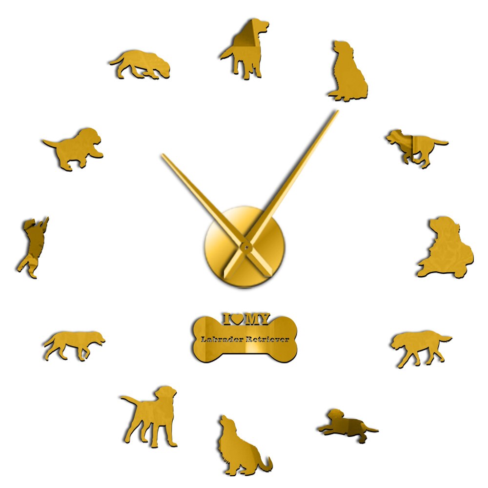 The Labrador Retriever Large Frameless Silent Wall Clock Dog Breed DIY Wall Art With Mirror Acylic Sticker Mirror Effect Sticker: Gold / 47 Inch
