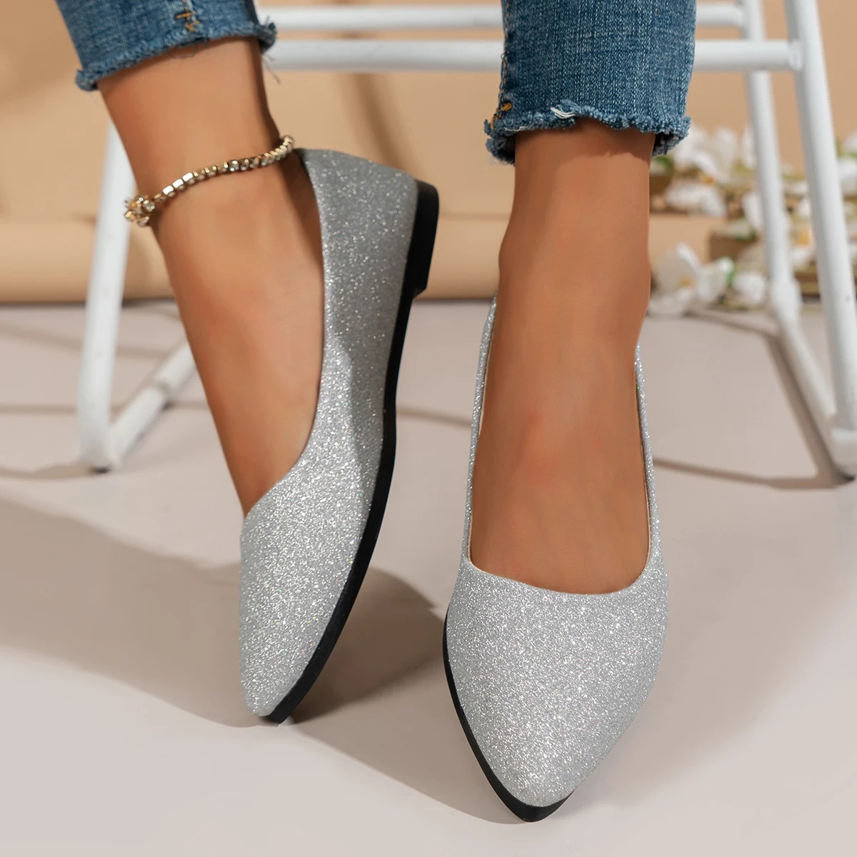 Nuovo arrivo 2024 donne punta a punta belle e moda scarpe estive Ballerina piatta comode scarpe Casual da donna: Argento / 43