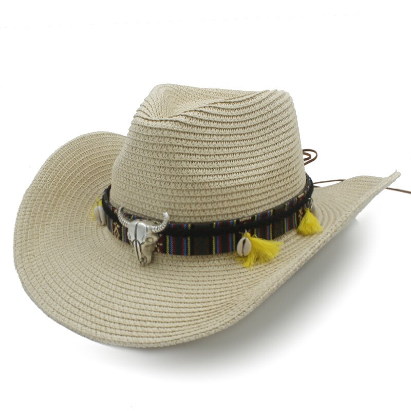 Kvinder sommer halm vestlige cowboy hat med roll up bred kant dame jazz sombrero hombre cowgirl hat: Strå