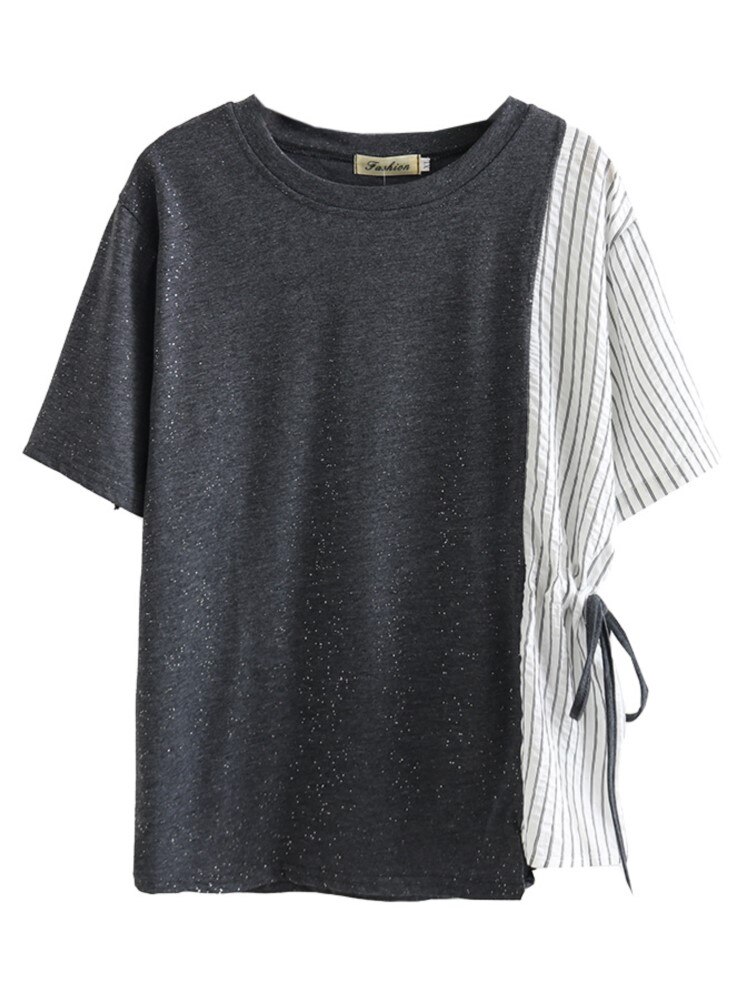 Plus Size Tops Vrouwen Kleding Femme T-shirt Gesplitst Gestreepte Trekkoord Zomer Korte Casual Korte Mouw Heldere Zijde Tees