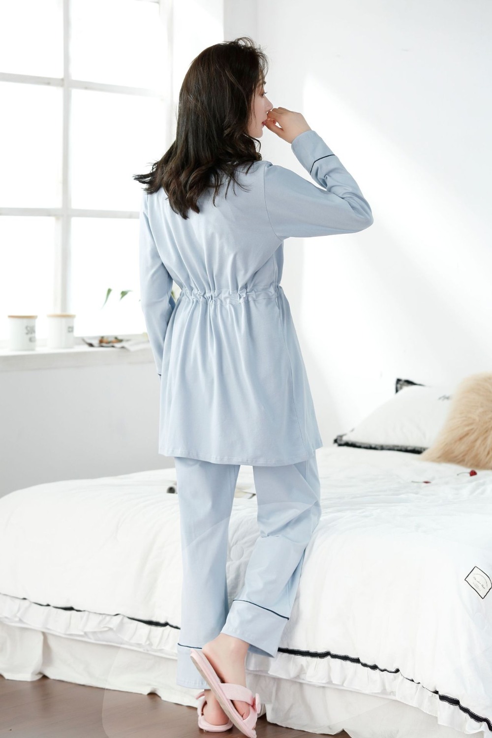 Bomuldspijamas barsel nattøj gravide ammende tøj forår efterår 3 stk pyjamas til gravide fdfklak