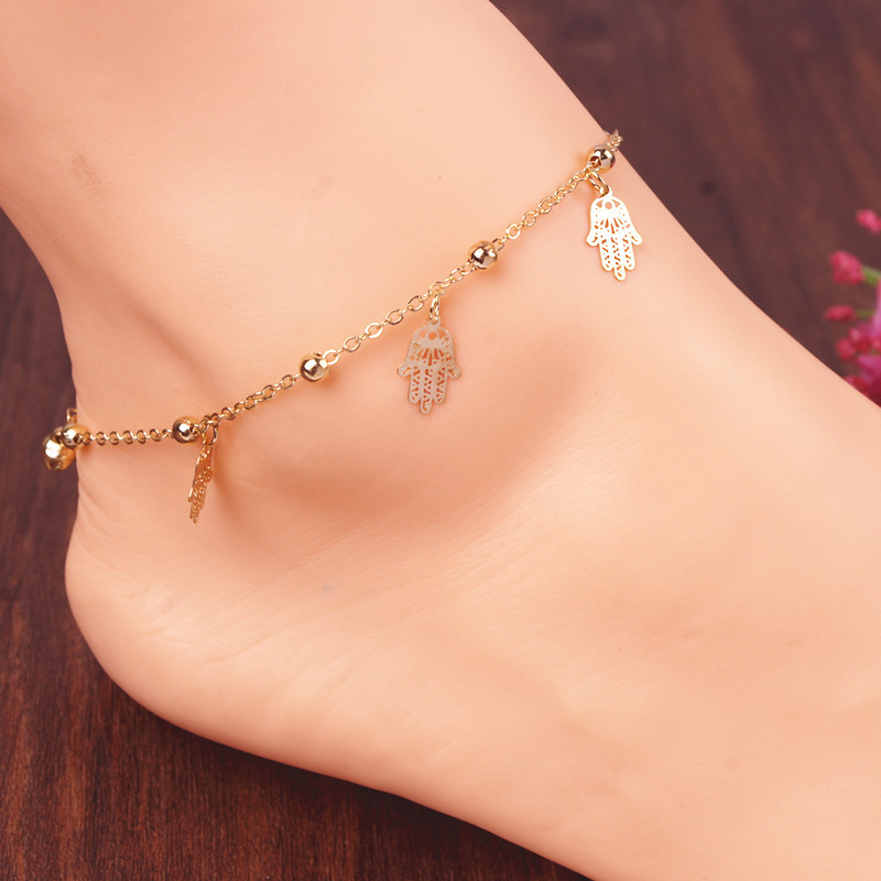 Mode Mooie Hamsa Fatima Hand Enkelband Beach Voet Sieraden Enkelband Armbanden Voor Vrouwen: gold