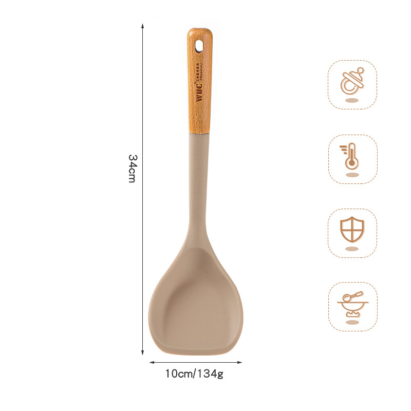 Silicone Kitchenware Cooking Utensils Non-stick Cookware Turner Spatula Spoon Slotted with Wooden Handle Kitchen Cooking Tools: Gris claro