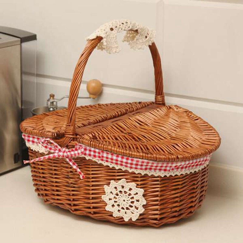 Wicker Willow Woven Picnic Basket with Lid and Handle Camping Picnic Shopping Food Fruit Picnic Basket