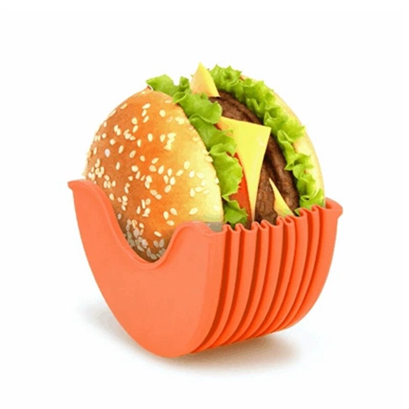 2PC Reusable Burger Holder Burger Buddy Fixed Box, Expandable Adjustable Silicone Burger Holder Hamburger Box: Orange