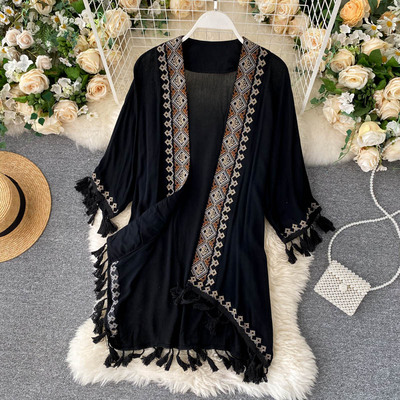 Teelynn Wit Katoen Etnische Borduren Kimono Robe Vrouw Lange Blouse Vest Ssummer Boho Strand Tassle Bohemian Bikini Cover Up: Black