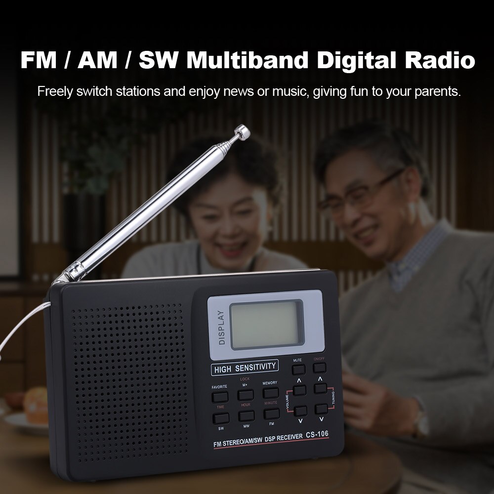 Portable FM / AM / SW Radio Multiband Digital Stereo Radio Receiver Earphone Output Time Display External Antenna w/ Alarm Clock