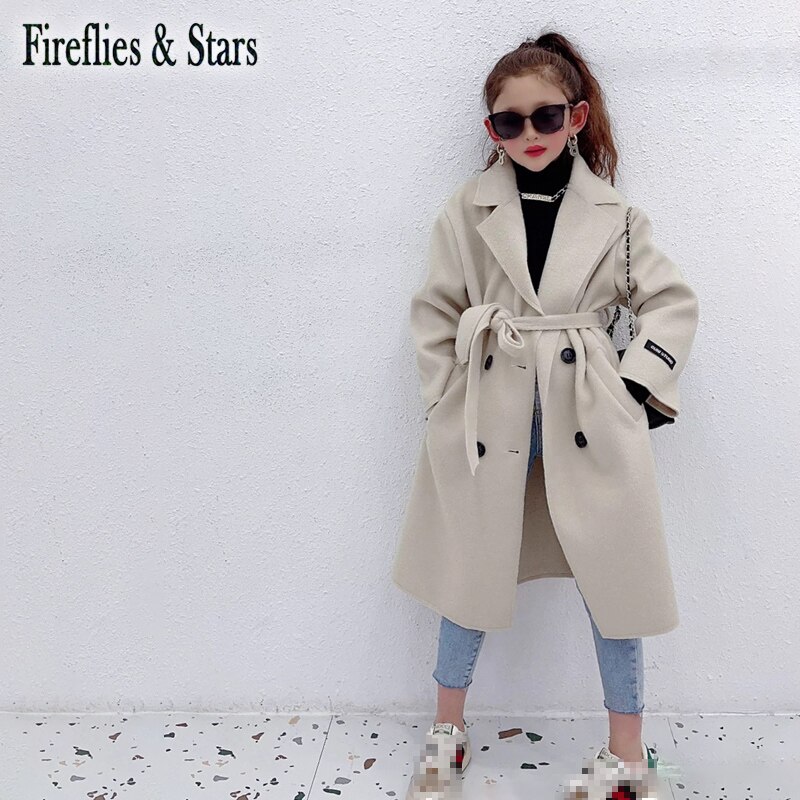 Herfst Winter Meisjes Blends Baby X Lange Jas Kinderen Uitloper Kinderen Kleding Sleeveband Dubbele Geconfronteerd Fleece Beige 3 Om 14 jr