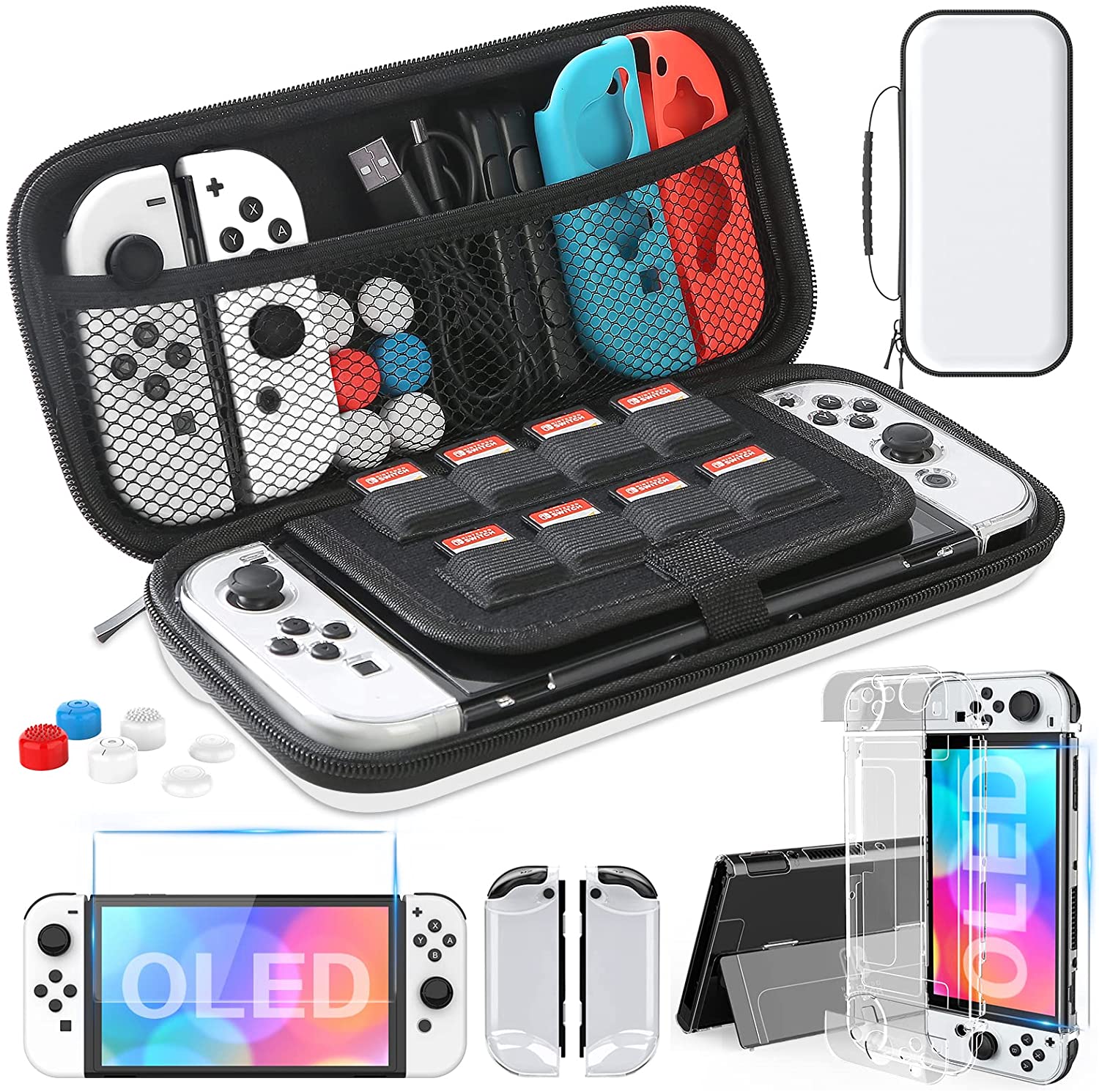 HEYSTOP Nintendo Schalter OLED Modell Tragetasche, 9 in 1 Zubehör Bausatz für Nintendo Schalter OLED Modell: C-Weiß