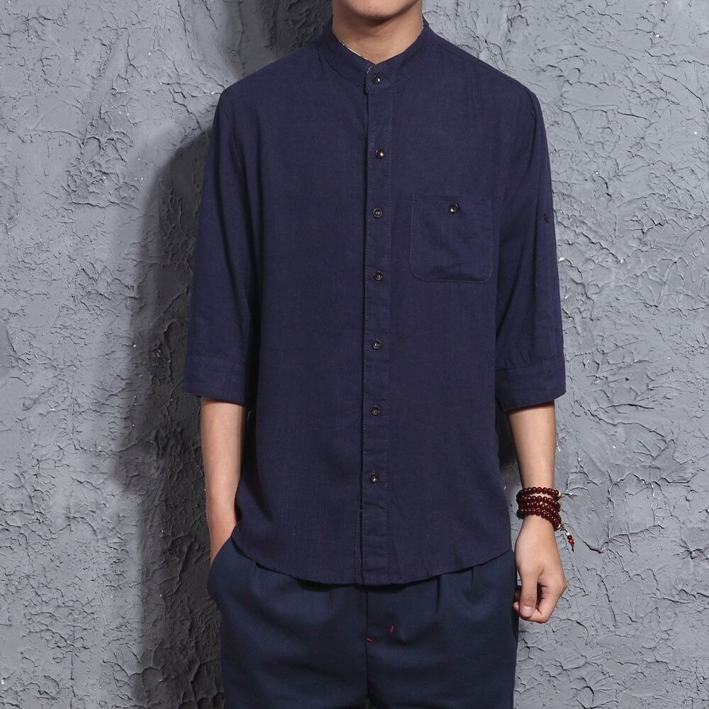 MrGoldenBowl, camisas de algodón y lino de Color liso para hombre, camisas de hombre coreanas de talla grande, blusa de botón informal para hombre, camisas japonesas, Tops 5XL: NavyBlue / M