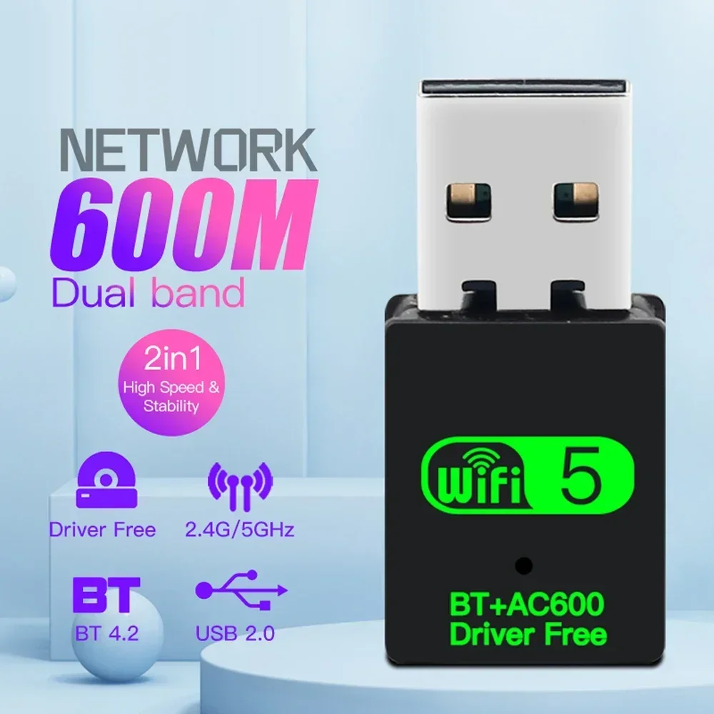 2 in 1 USB WiFi Bluetooth Adapter 600Mbps Dual Band 2.4G 5GHz USB Wi-Fi 5 Network Wireless Wlan Receiver Dongle DRIVER FREE: WHITE