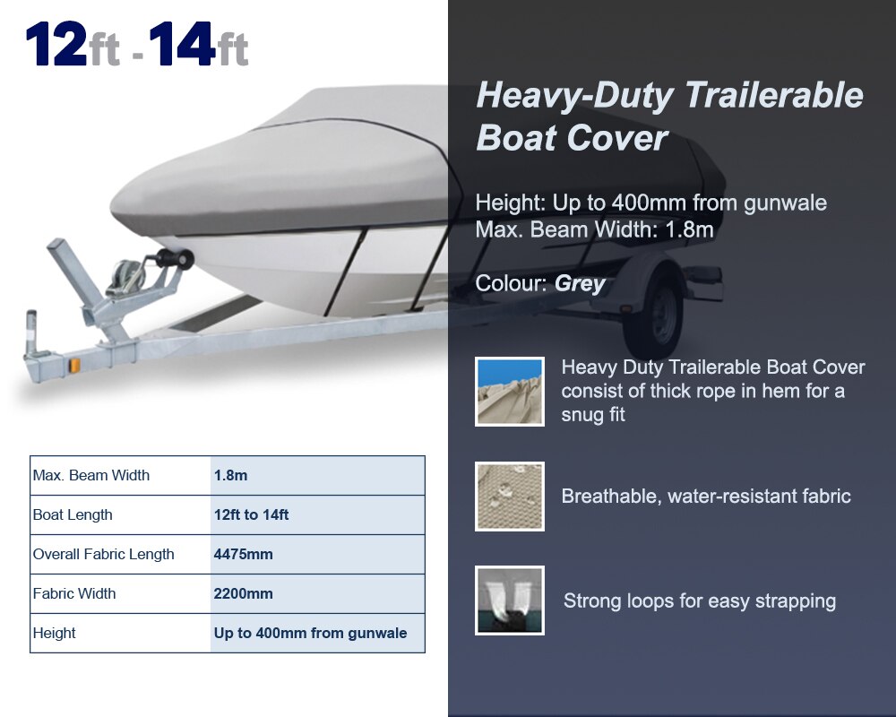 Economy 12ft-22ft Trailerable Boat-Cover Marine-Grade Heavy-Duty Oceansouth Water Sun proof UV Protection Ski-boat Mooring Cover: 12ft - 14ft Grey