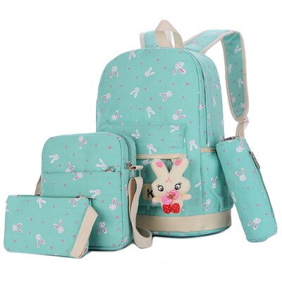 4 stuks/set dames rugzak schooltassen konijn print schattige rugzakken met beer voor tieners meisjes schooltas rugzakken mochila: Lichtgroen