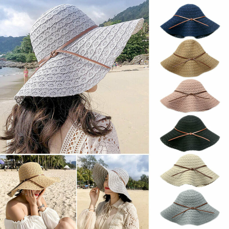 Women Summer Big Wide Brim Straw Bucket Hat Beach Sun Foldable Bow Cap