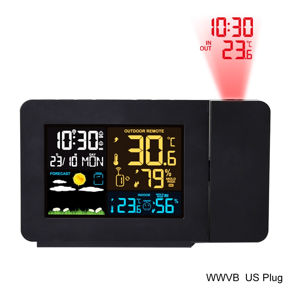 FJ3391 WWVB Radio Digital Clock Alarm US Pulg Barometer Forecast Wireless Projection Multifunctional LED Table Watch Clocks