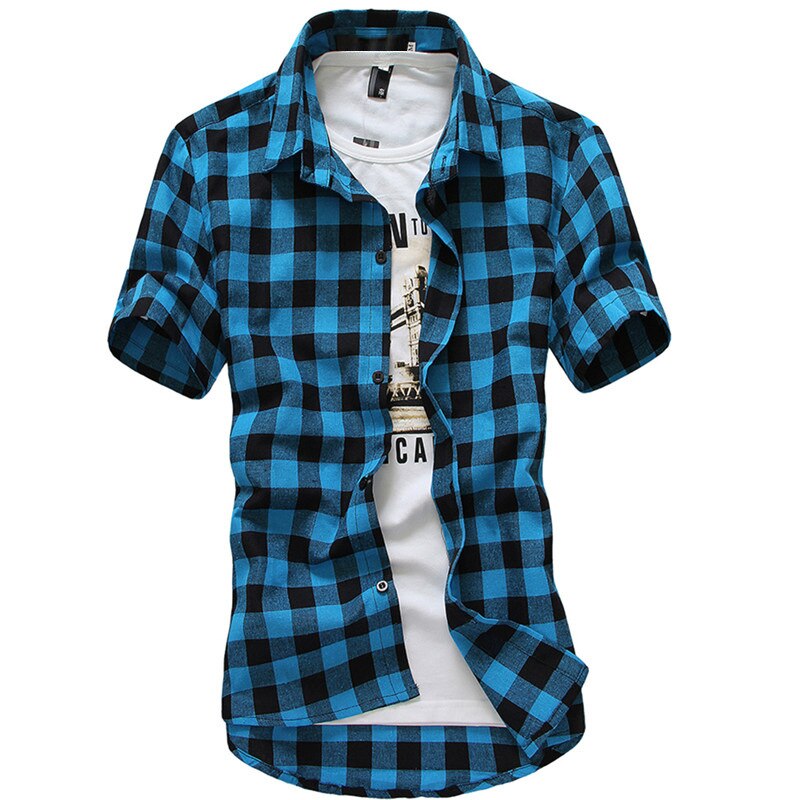 Rød og svart rutete skjorte herre sommer kul casual outwear herre kjole skjorter camisa sosial skjorte herre: Lyse blå / L