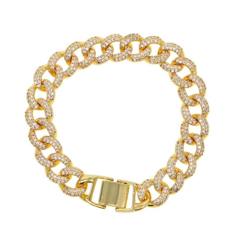 Bling iced out miami armbånd hip hop smykker guld cz tyk tunge miami cubansk link materiale iced cz chain armbånd: Guldfarve / 17cm