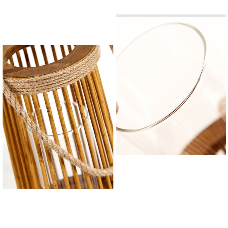 European Indoor And Outdoor Decor Natural Willow Wicker Hanging Wooden Candle Lantern With Hemp Rope Handle And Glass Cup Inside