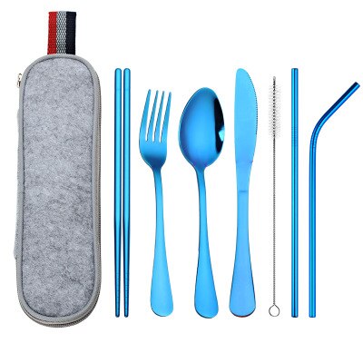 8Pcs/set Tableware Reusable Travel Cutlery Set Camp Utensils Set with stainless steel Spoon Fork Chopsticks Straw Portable case: Blue