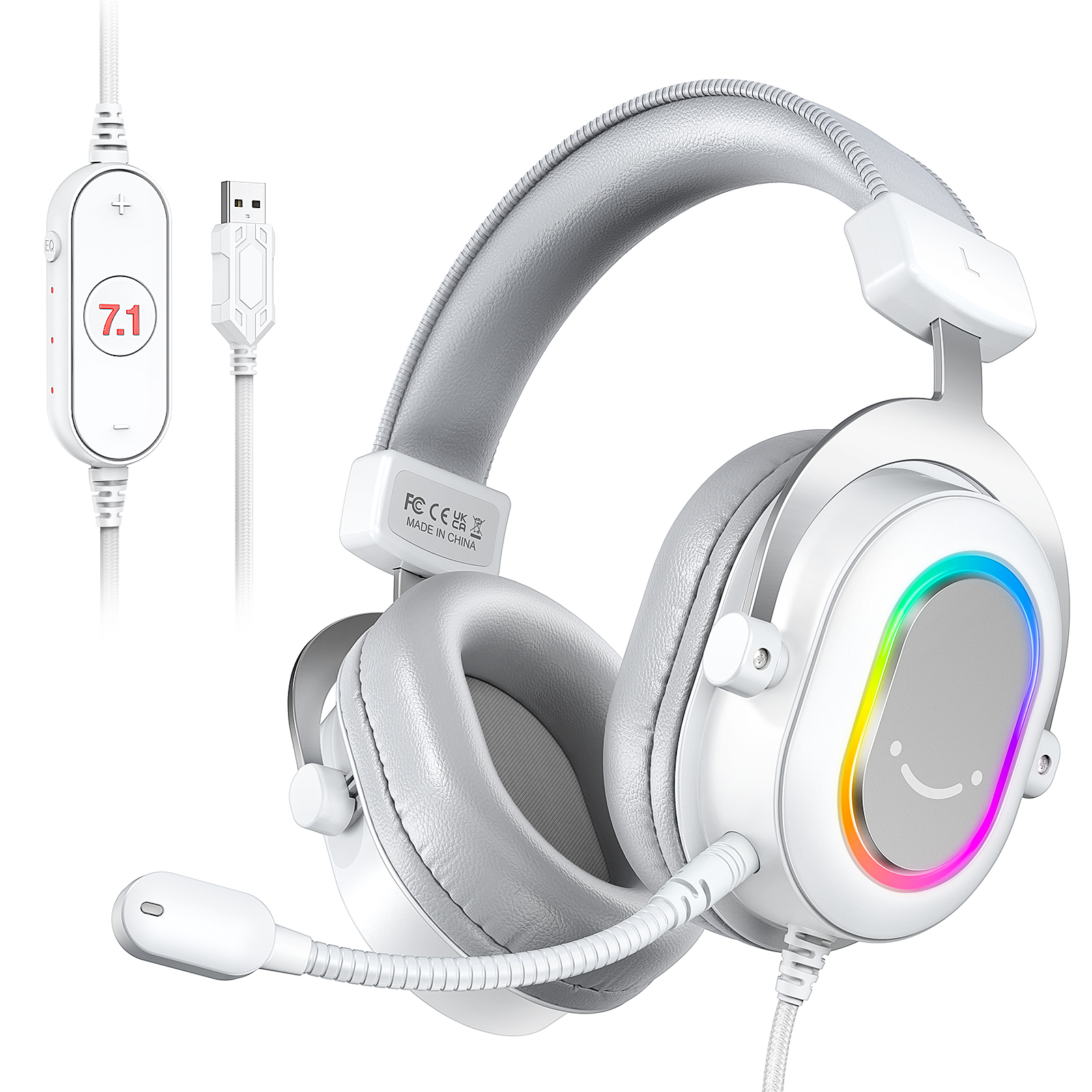 Zestaw słuchawkowy FIFINE USB do gier z dźwiękiem przestrzennym 7.1/kontrolą linii/trybem 3EQ, słuchawki RGB z mikrofonem, Plug and Play, do komputera/PS5 -H6: WHITE