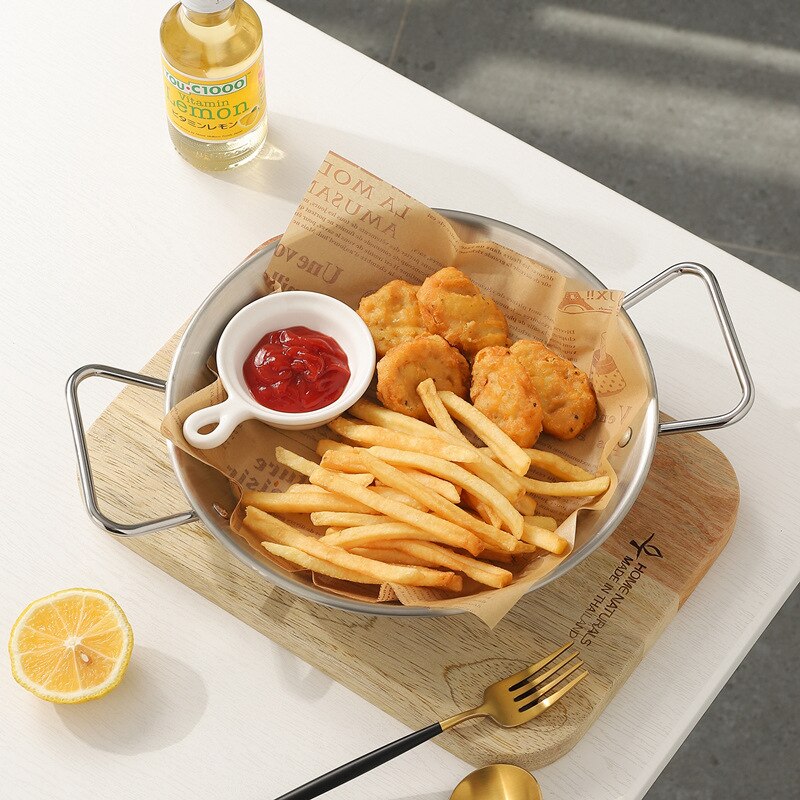 Stainless Steel Serving Platter Pan With Hand-grip Table Flat Dishes 8 Inches for Home Restaurant Dishwasher Safe