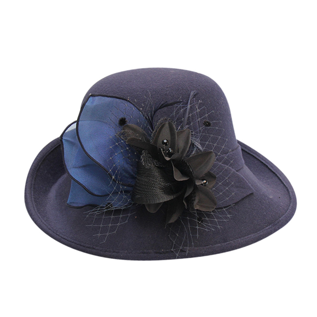 Vintage Black Wool Felt Cloche Hat With Bowknot Wide Brim Bowler Winter Fedoras Ladies Yellow Blue Floppy Derby Hats Cap#p5: Navy 