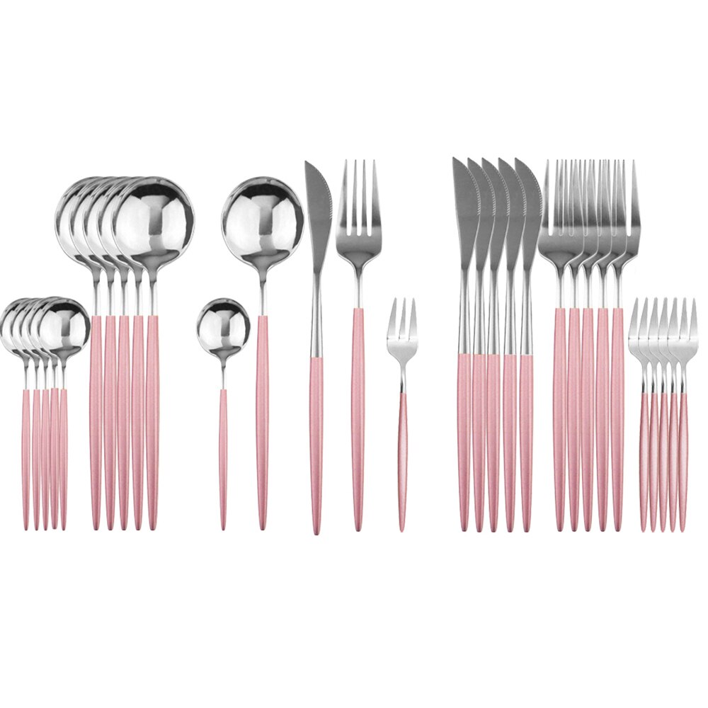JANKNG – service de vaisselle noire, 30 pièces, fourchette à gâteau aux fruits, couteau en acier inoxydable, argenterie, couverts miroirs, service de table: Pink Silver
