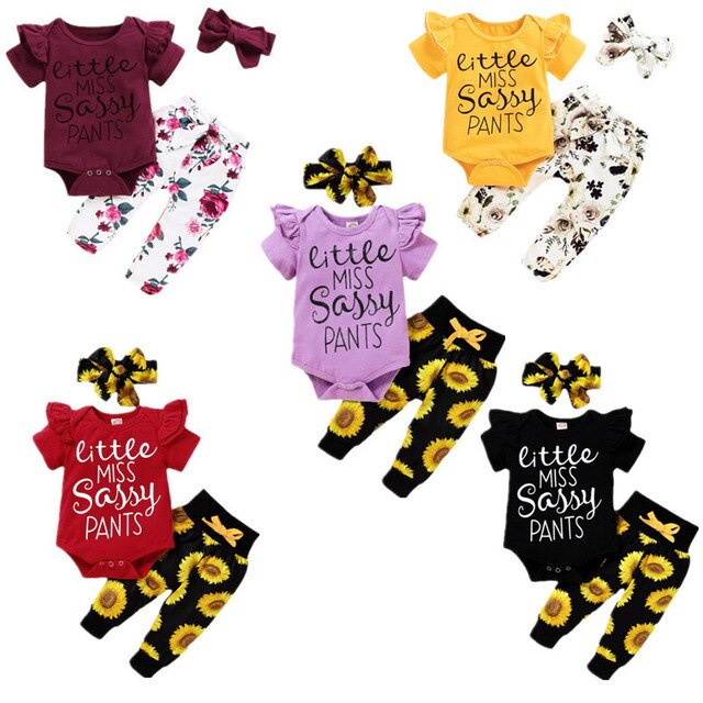 Baby zomer 3 -delige set babymeisjes jongens letter bloemen ruches korte mouwen romper top + broek + hoofdband