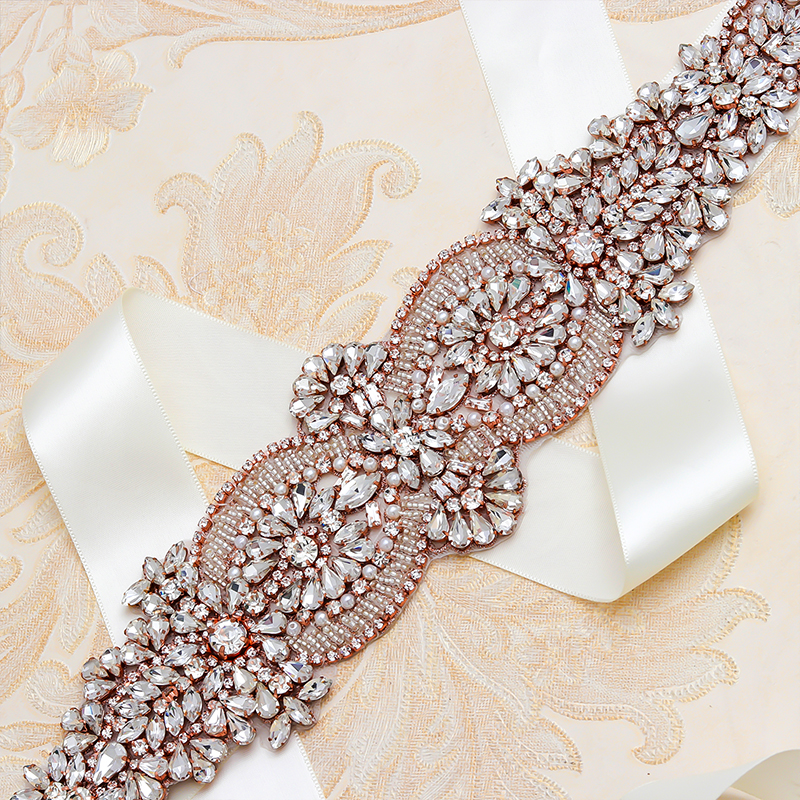 Ceinture pour robe de mariée en cristal Rose doré, accessoire de luxe fait à la main avec strass