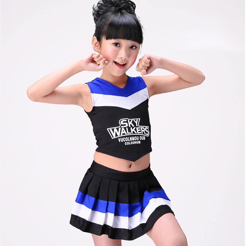 Disfraz de animadora para niños y niñas, conjunto de Falda plisada para espectáculo de baile, actuación de escenario, uniformes de equipo escolar de competición para animación: blue / XS 105-115cm height