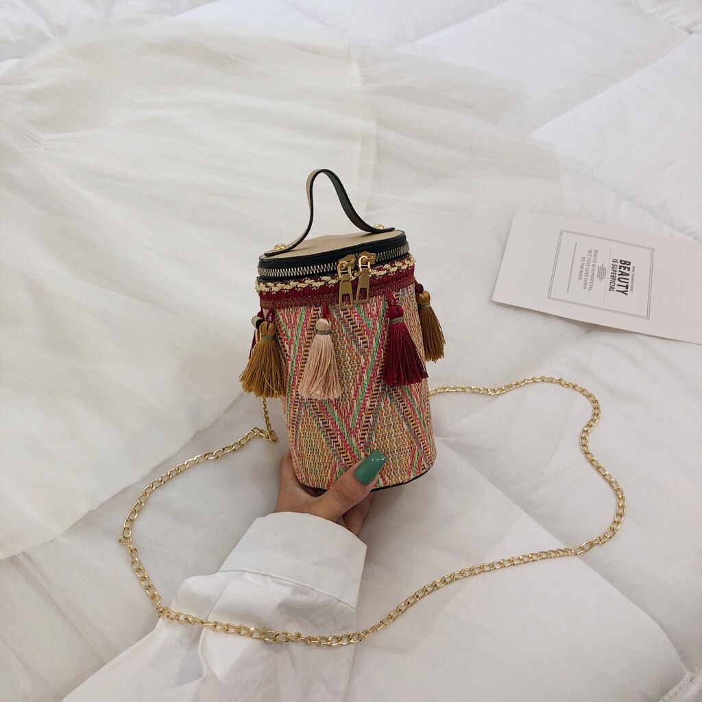 Herbst Neue Handtasche Stroh tasche Frauen tasche Runde Tote tasche Hand Metall Ring Quaste Kette Schulter Reise tasche: braun