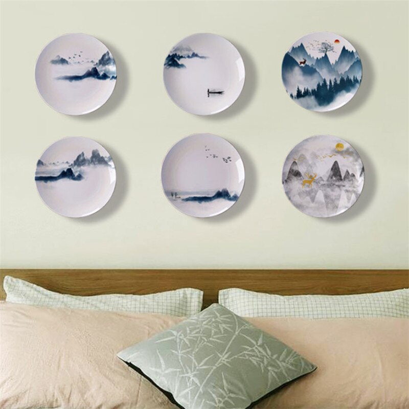 Plato colgante de pared con pintura de paisaje moderno de cerámica, Plato decorativo de porcelana creativa, adornos de decoración de entrada de la casa