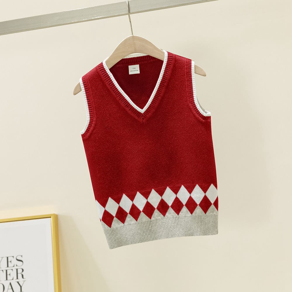 Geometric Rhombus Knit Vest for Big Boys Autumn Preppy Style School Uniform Baby Girls Sleeveless Outerwear Knitted Sweater: Wine red / 16