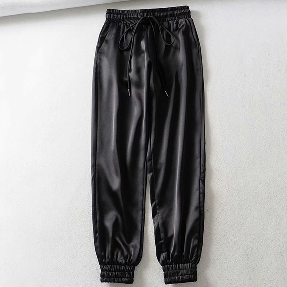 Kvinner sommer sateng last bukser kvinner europa snøringe løs fritidssport bukse kvinner bf joggere streetwears last bukser