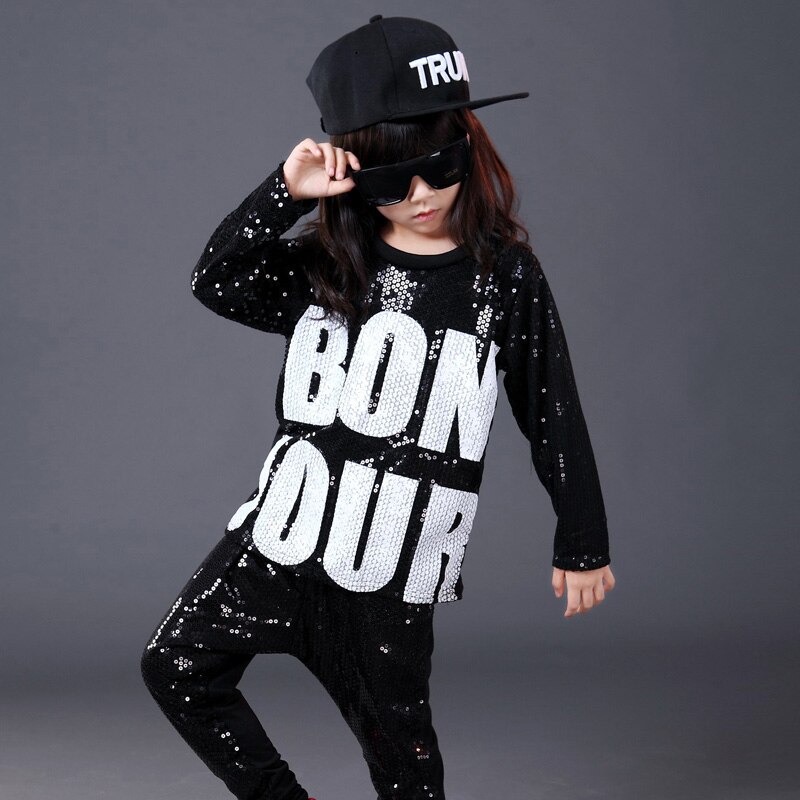 Child hip hop jazz modern dance Paillette clothing hip hop kids Sequined t shirt performance wear child costume