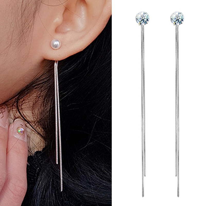 Korean Silver Plated Dangle Hanging Earring CZ Gem Stone Pearl Long Tassel Earrings For Women Brincos Bijoux