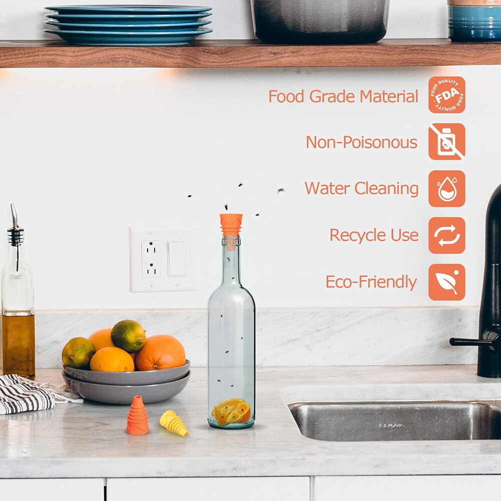 4/6/8Pcs Outdoor Indoor Kithchen Silicone Reusable Fruit Fly Traps Catcher Tool simply add some baits to the bottle trapping