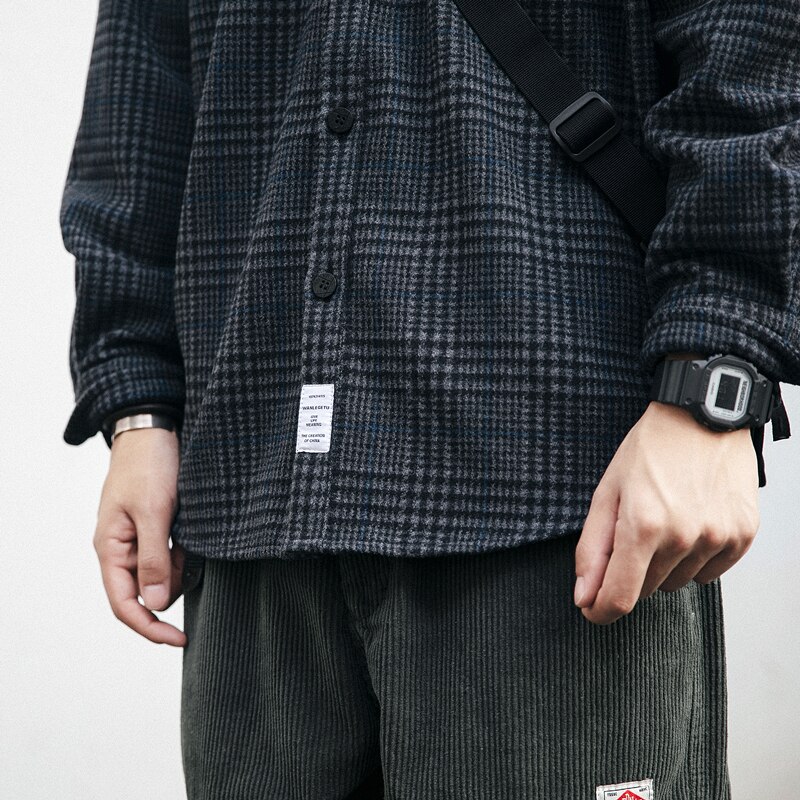 Tjock ylleskjorta herrkläder japanska streetwear kavajslag långärmad ledig rutig topp harajuku kappor manlig