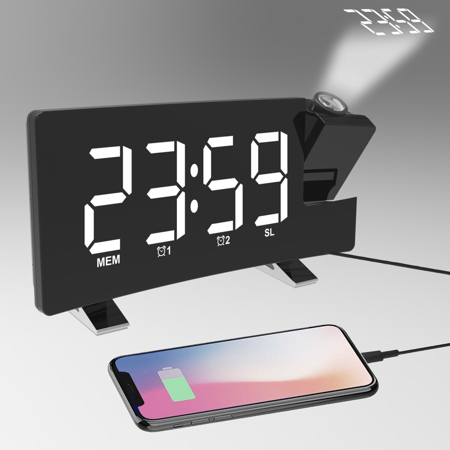 FM Radio Projection LED Digital Clock Smart Alarm Clock Watch Table Electronic Desktop Clocks Wake Up Clock Time Snooze 2 Alarm: white