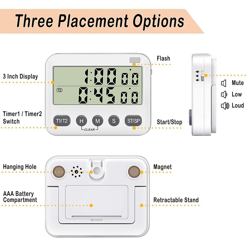 Dual Timer with 3-Level Adjustable Alarm Volume&amp;ON/OFF Switch Digital Kitchen Count Down/Up Stopwatch Timer for Cooking