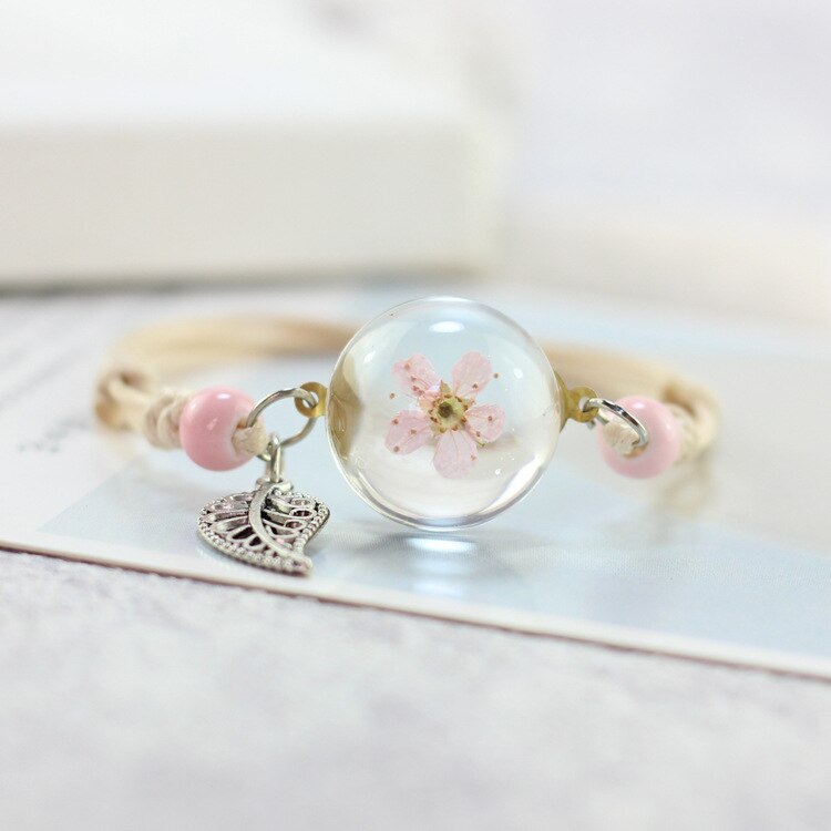 LKO Glass Bracelet Weave Lucky Flower Bracelets Handmade Dandelion Woven Dried Flowers Glass Beads Bracelet Women Jewelry: Small pink