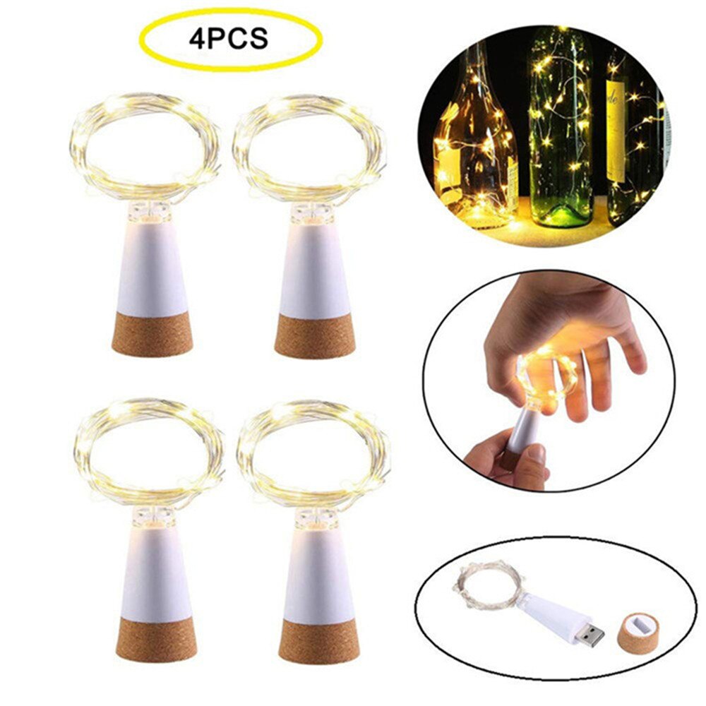 Luces de botella de corcho USB de 20 Leds, luces LED estrelladas de cadena de alambre de cobre recargable alimentadas por USB para decoración de de boda DIY: 4pcs