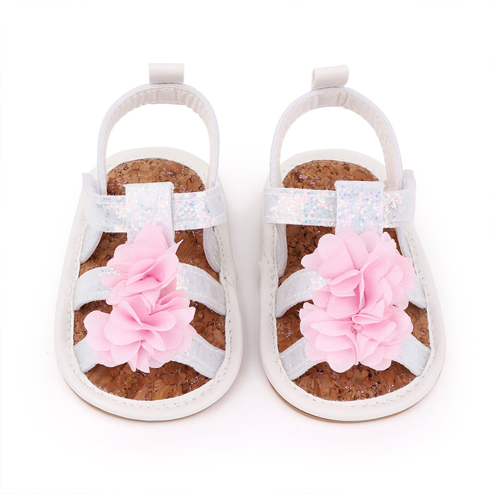 Baby Anti-Slip Platte Schoenen, Bloem En Pailletten Patroon Zachte Zool Sandalen Voor Baby Meisjes, wit/Grijs/Roze: WHITE / 9-12 Months