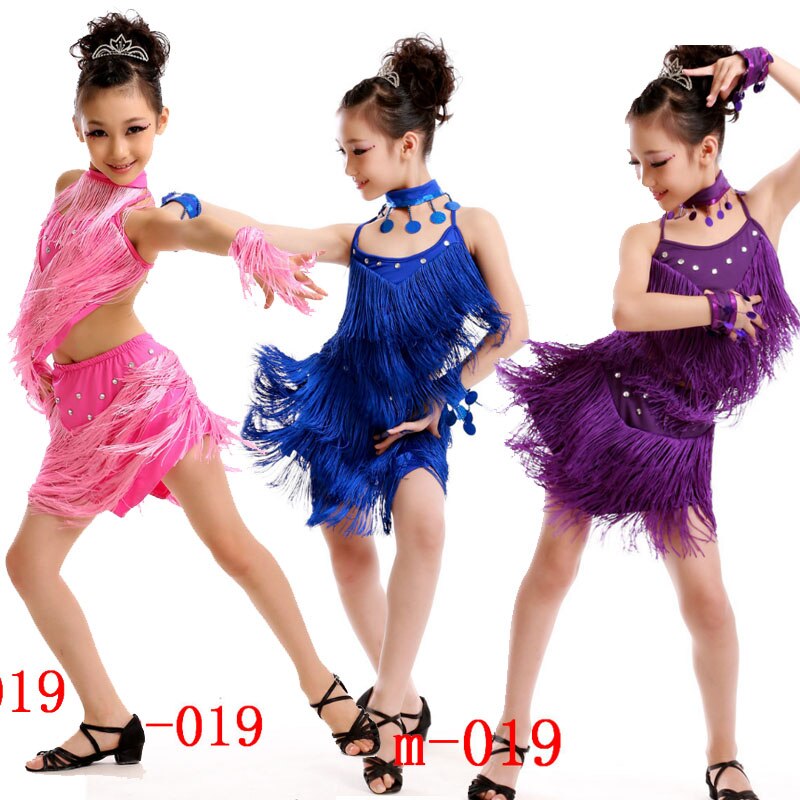 Children Sequined Latin Dance Dress Girl Salsa Stage wear Tassels Dancing Costume Kids Skating Dance Dress Gymnastics Costumes