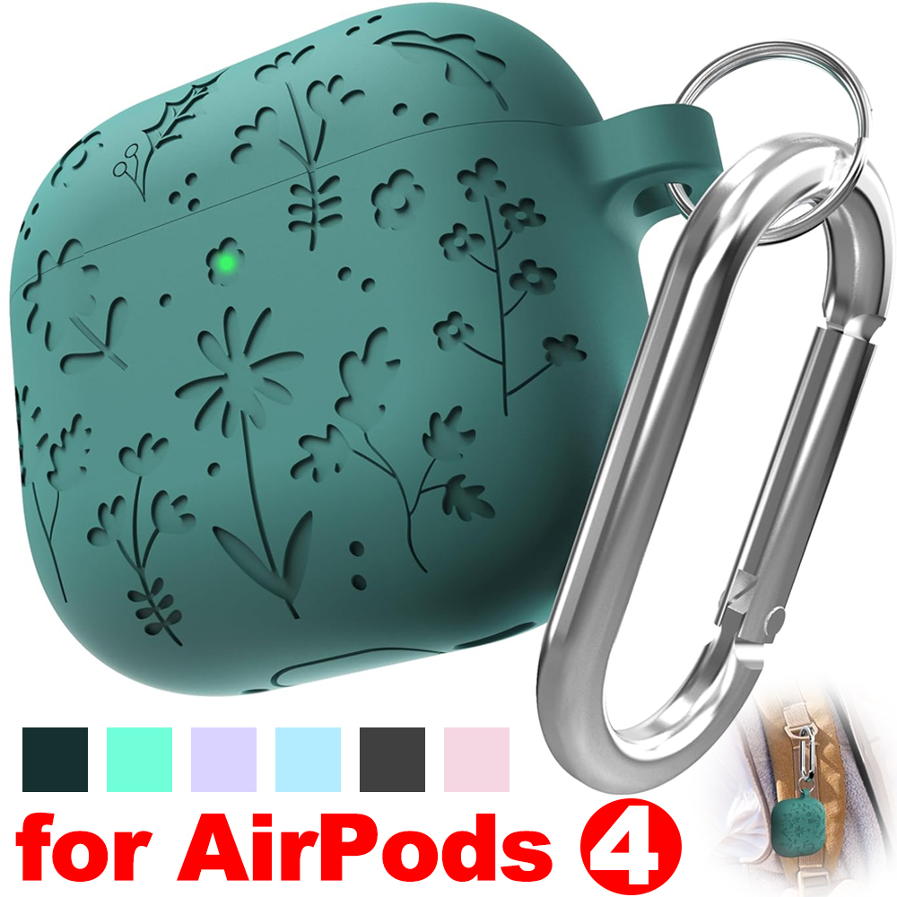 Flora engraved headphone case for apple airpods 4,  , protective holder, shockproof silicone case with key fob for airpods 4