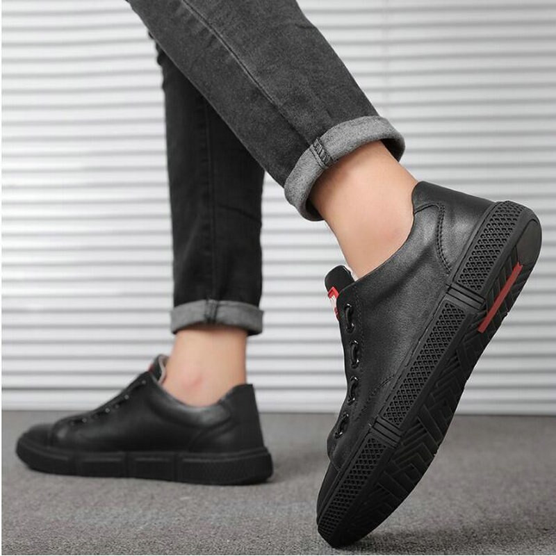 Mænd sorte hvide sko snøre læder sko flats zapatillas hombre herre casual sneaker sko  a52-43