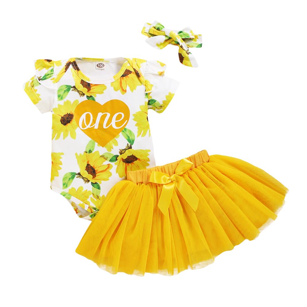 Baby Meisje Mooie Jurk Bloemenprint Bodysuit Roze Geel Tulle Rok Set Baby Eerste Verjaardag Outfits Babykleertjes Mikrdoo: YELLOW / 90(12-18M)